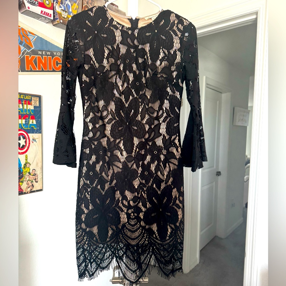 Francesca's Collections Black and Tan Sheath Dress with Bell Sleeves Size XS